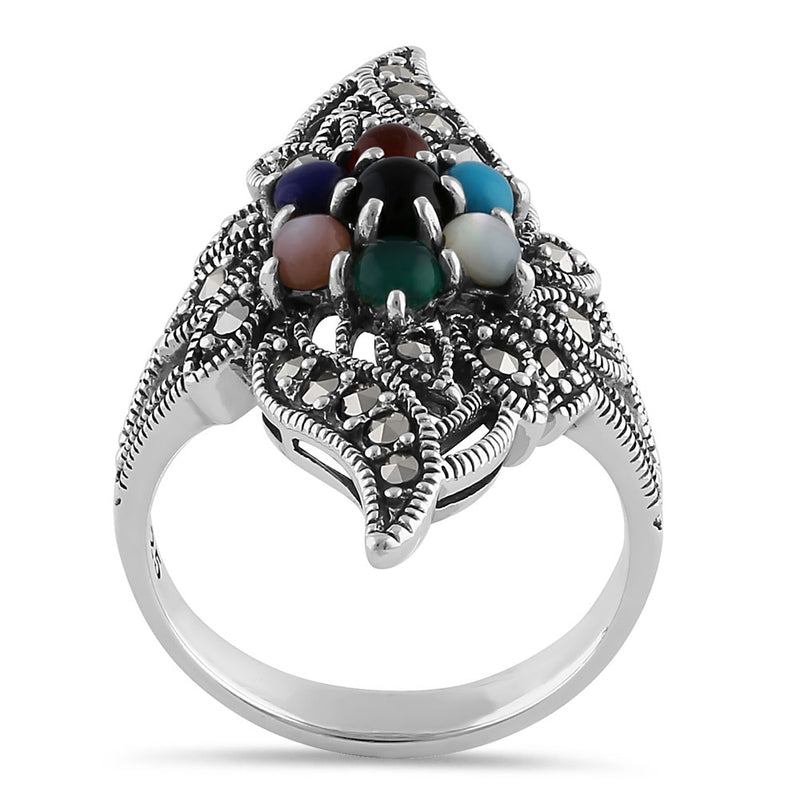 Sterling Silver Exquisite Multi-Color Pear Flower Marcasite Ring