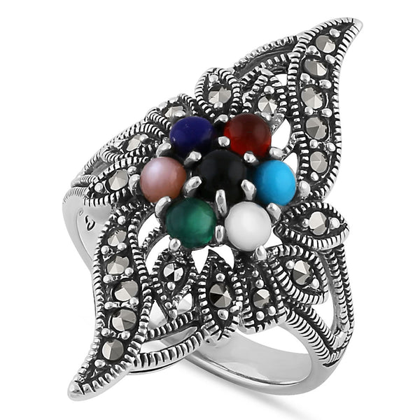 Sterling Silver Exquisite Multi-Color Pear Flower Marcasite Ring