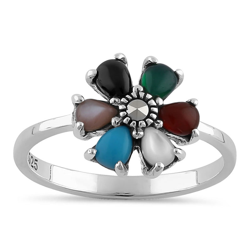 Sterling Silver Multi-Color Pear Flower Marcasite Ring