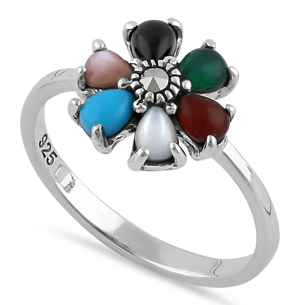 Sterling Silver Multi-Color Pear Flower Marcasite Ring