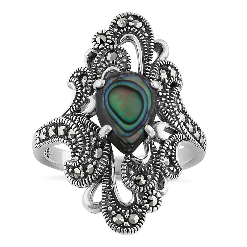 Sterling Silver Pear Shape Abalone Marcasite Ring