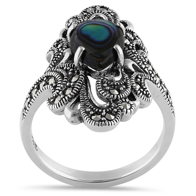 Sterling Silver Pear Shape Abalone Marcasite Ring