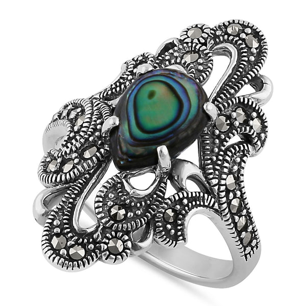 Sterling Silver Pear Shape Abalone Marcasite Ring