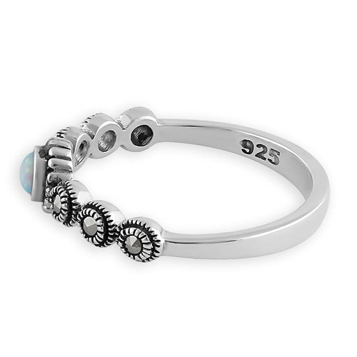 Sterling Silver Small Round Opal Marcasite Ring