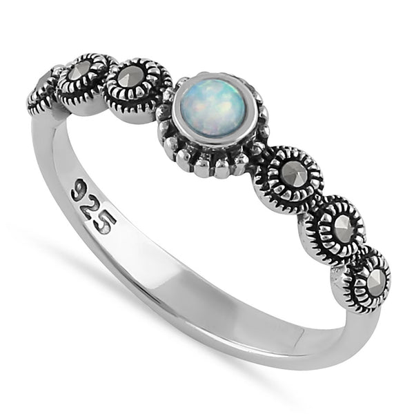 Sterling Silver Small Round Opal Marcasite Ring