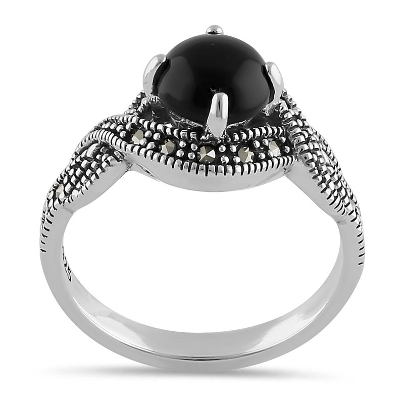 Sterling Silver Round Black Onyx Marcasite Halo Twist Ring