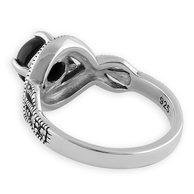 Sterling Silver Round Black Onyx Marcasite Halo Twist Ring