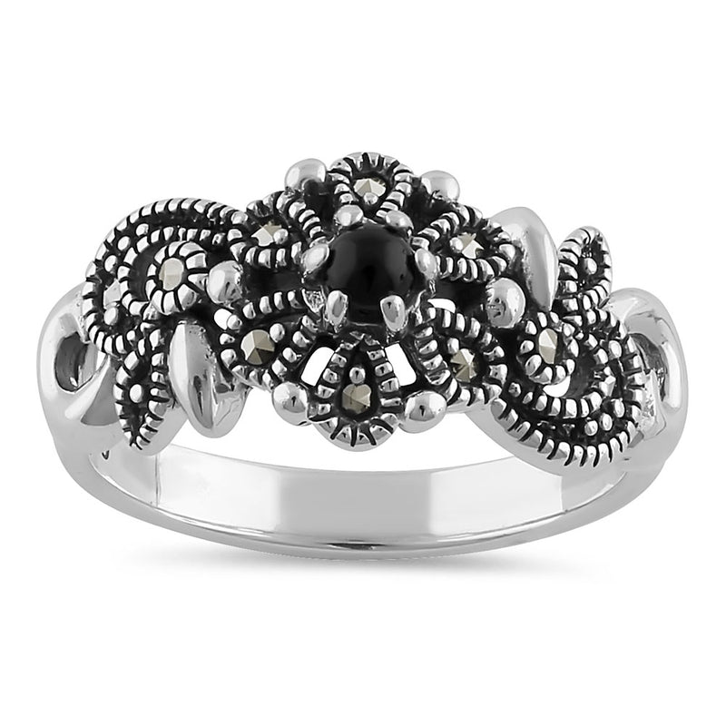 Sterling Silver Nature Inspired Round Black Onyx Marcasite Ring
