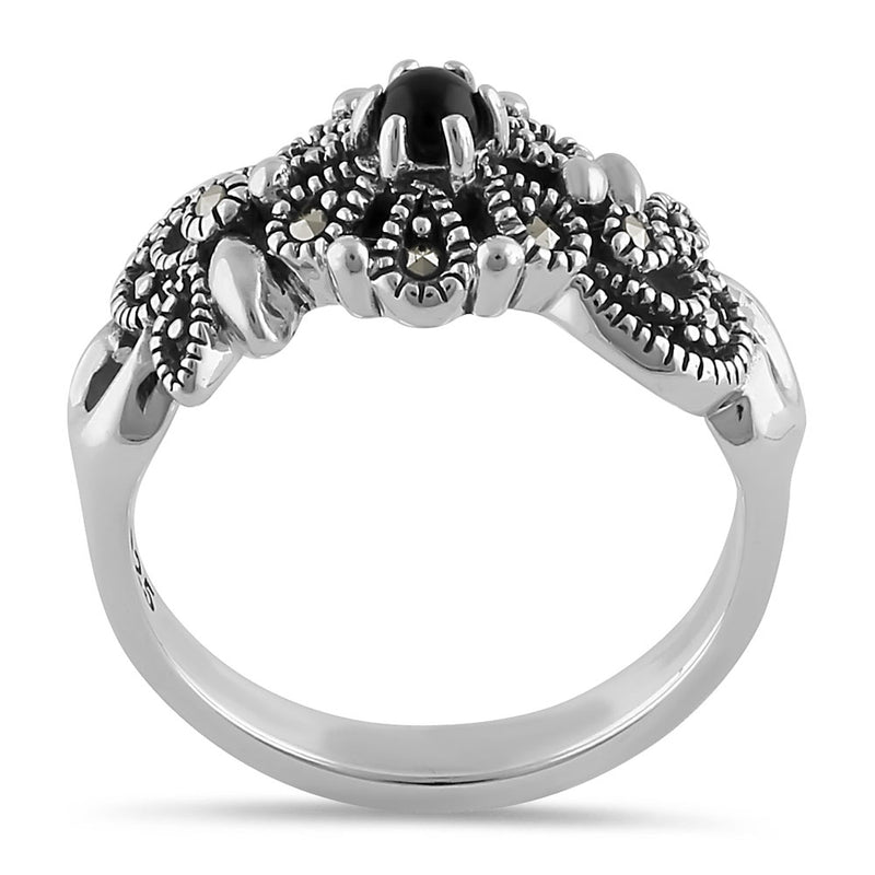 Sterling Silver Nature Inspired Round Black Onyx Marcasite Ring