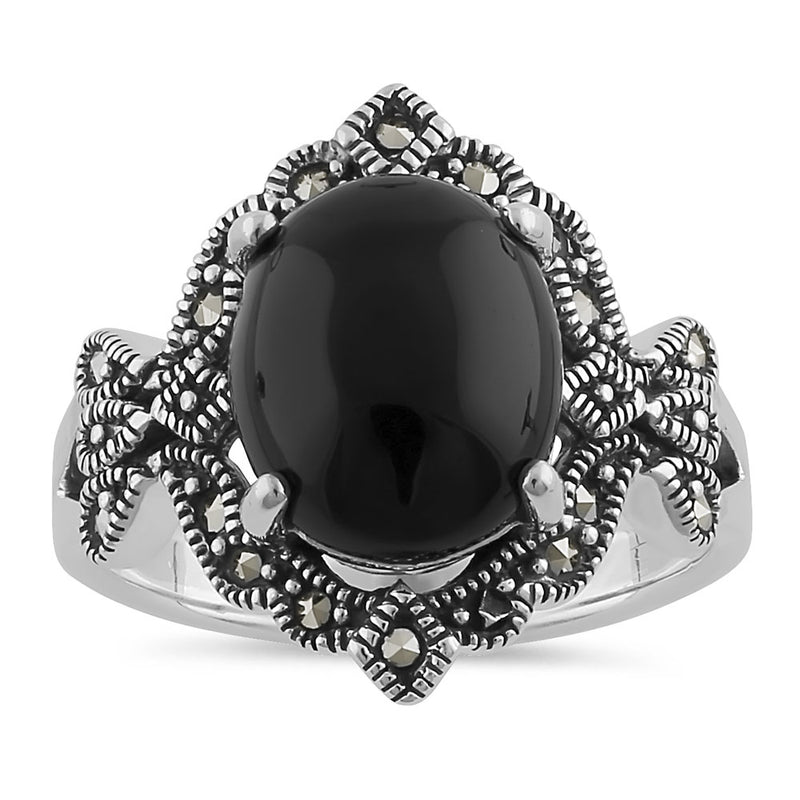 Sterling Silver Victorian Oval Black Onyx Marcasite Ring
