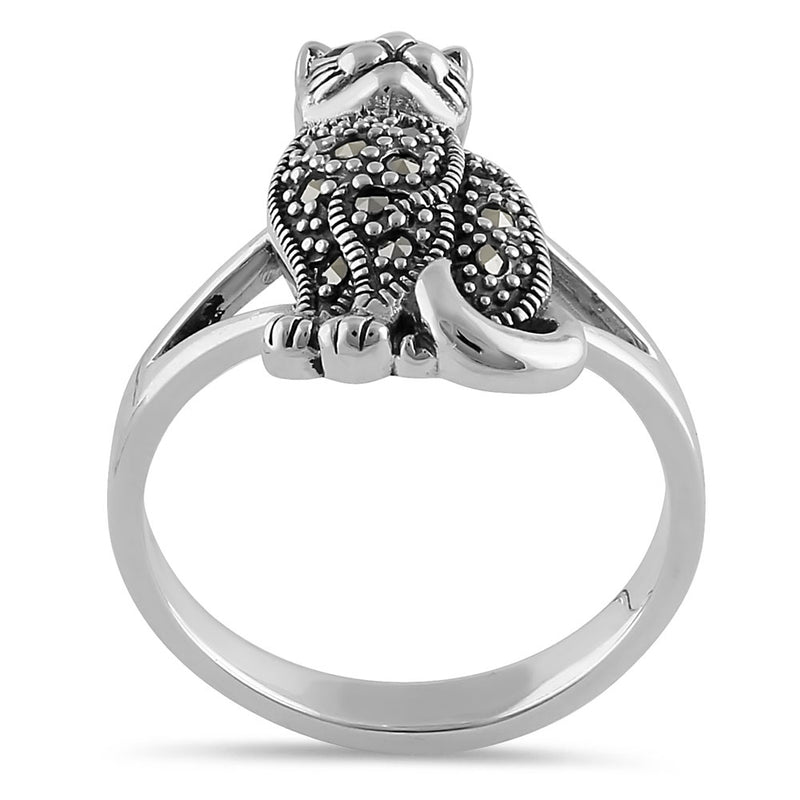 Sterling Silver Clever Cat Round Cut Garnet CZ Marcasite Ring