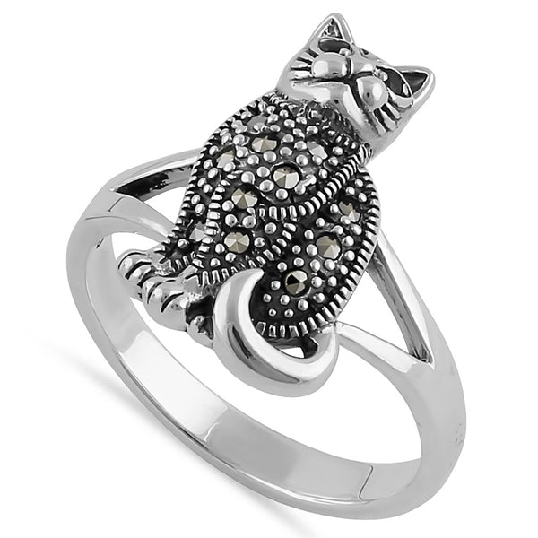 Sterling Silver Clever Cat Round Cut Garnet CZ Marcasite Ring