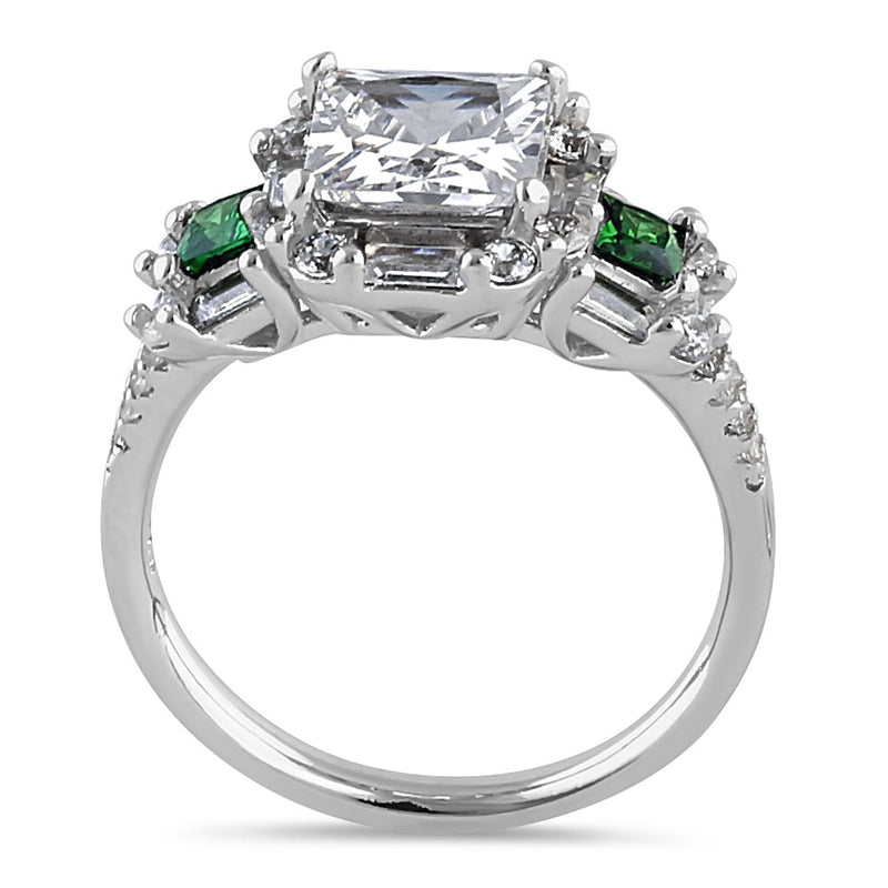 Sterling Silver Classic Princess, Emerald & Round Cut with Clear & Emerald CZ Accents Ring