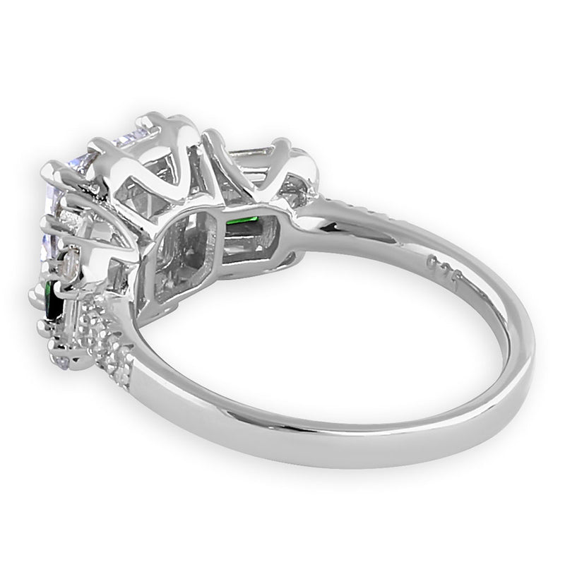 Sterling Silver Classic Princess, Emerald & Round Cut with Clear & Emerald CZ Accents Ring