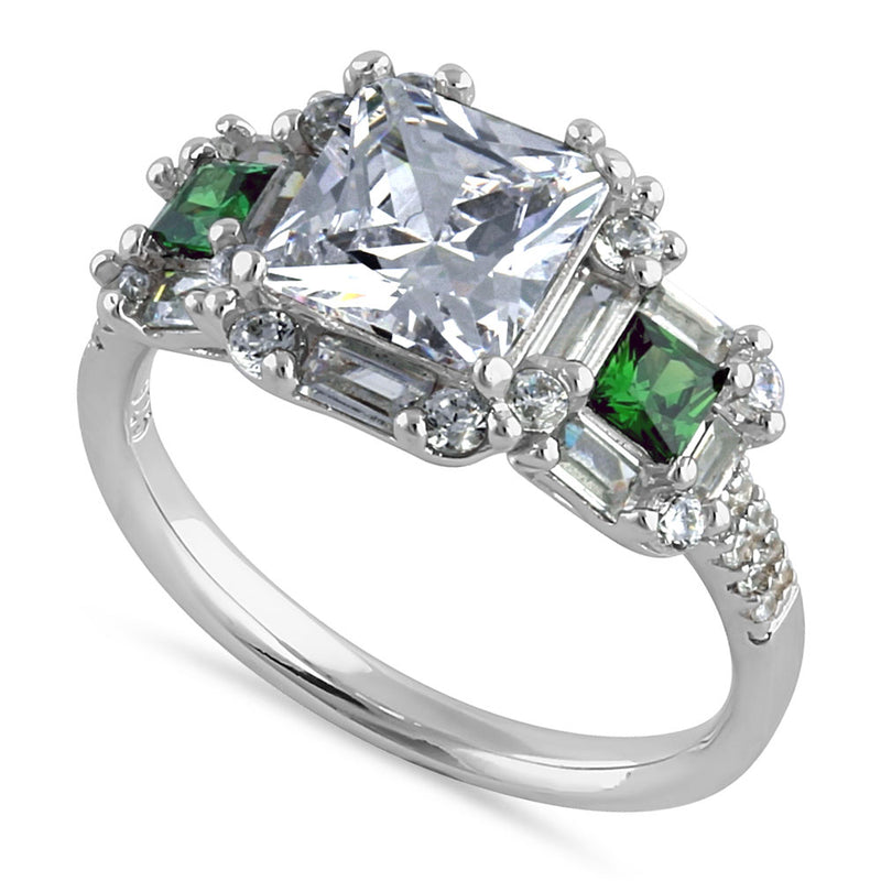 Sterling Silver Classic Princess, Emerald & Round Cut with Clear & Emerald CZ Accents Ring