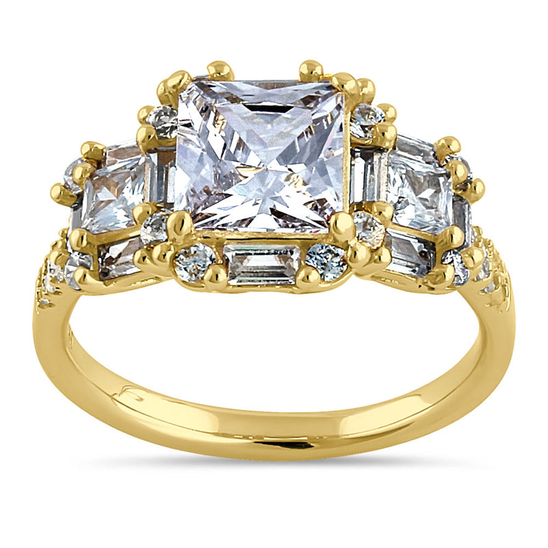 Sterling Silver Yellow Gold Plated Classic Princess, Emerald & Round Cut Clear CZ Ring