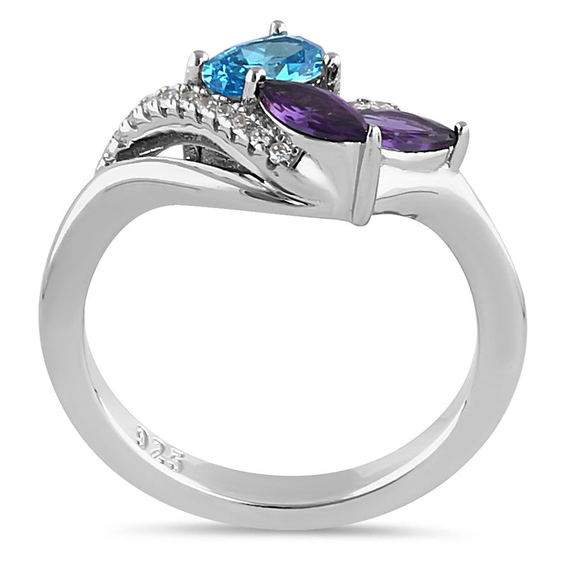 Sterling Silver Blue Topaz Oval Amethyset Marquise CZ Ring