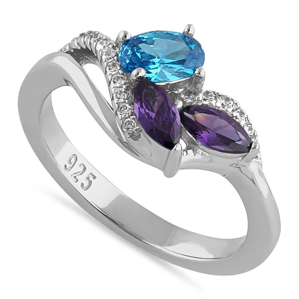 Sterling Silver Blue Topaz Oval Amethyset Marquise CZ Ring