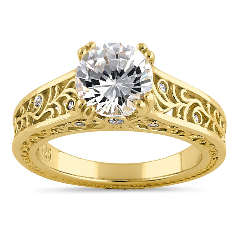 Sterling Silver Yellow Gold Plated Filigree Round Clear CZ Ring