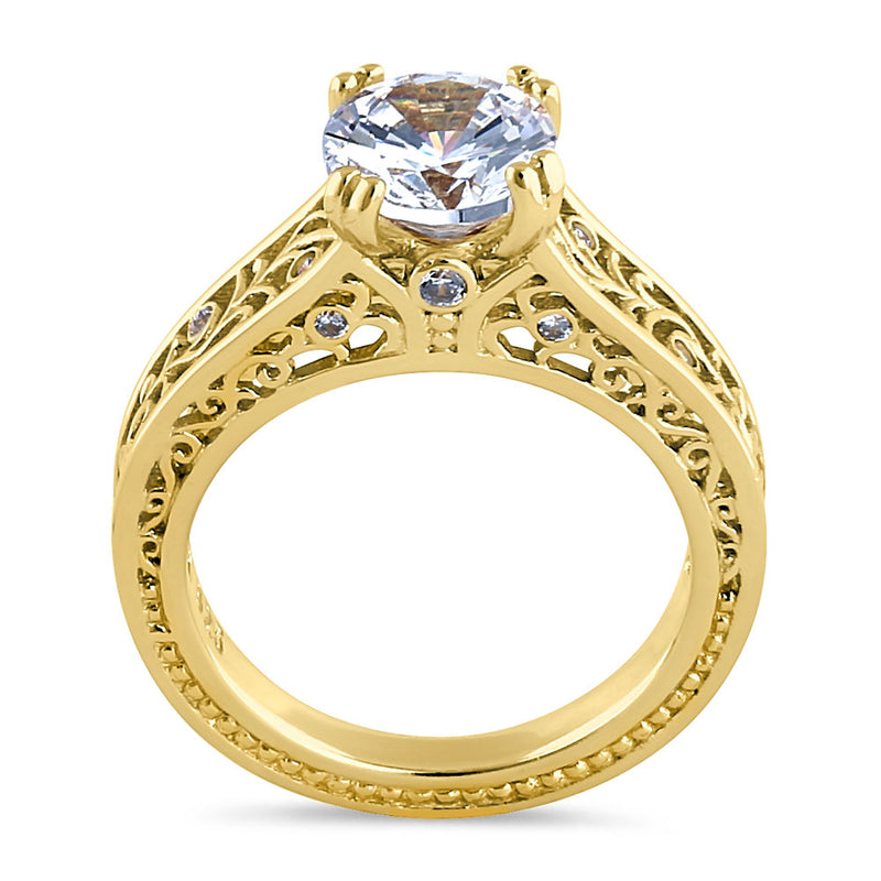 Sterling Silver Yellow Gold Plated Filigree Round Clear CZ Ring