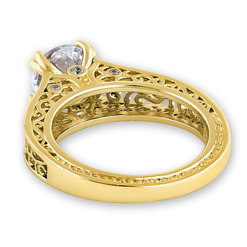 Sterling Silver Yellow Gold Plated Filigree Round Clear CZ Ring