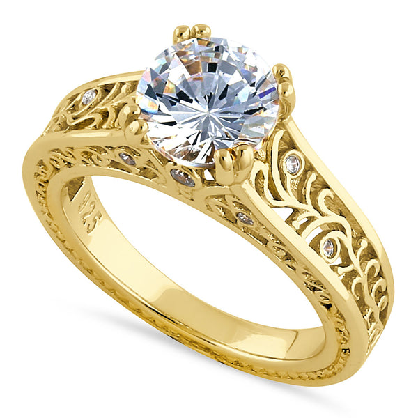 Sterling Silver Yellow Gold Plated Filigree Round Clear CZ Ring