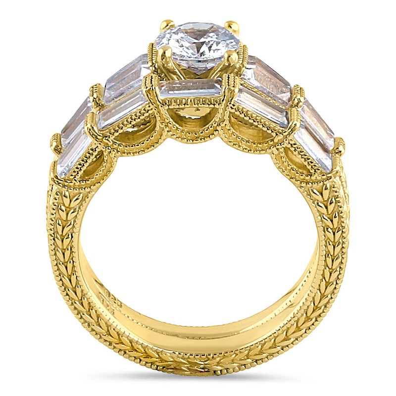 Sterling Silver Yellow Gold Plated Vintage Round & Baguette Cut Clear CZ Engagement Ring Set