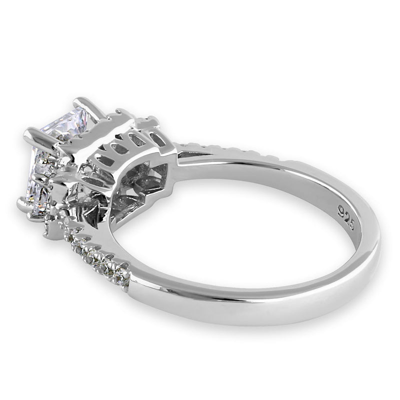 Sterling Silver Cathedral Triple Princess Cut Halo Clear CZ Engagement Ring