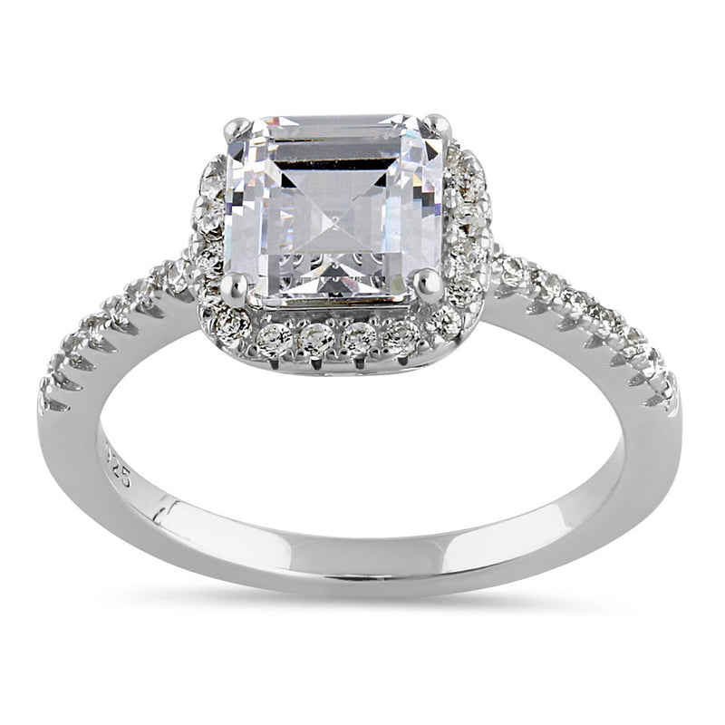 Sterling Silver Chic Square Halo with Round Cut Clear CZ Engagement Ring