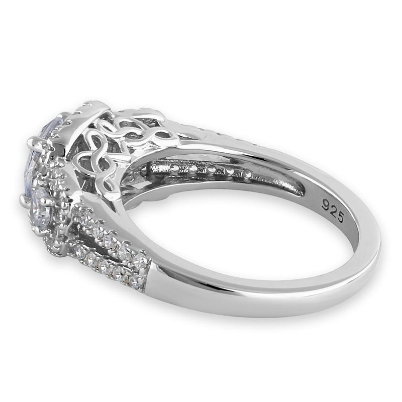 Sterling Silver Luxurious Filigree Halo Trio Round Cut Clear CZ Engagement Ring