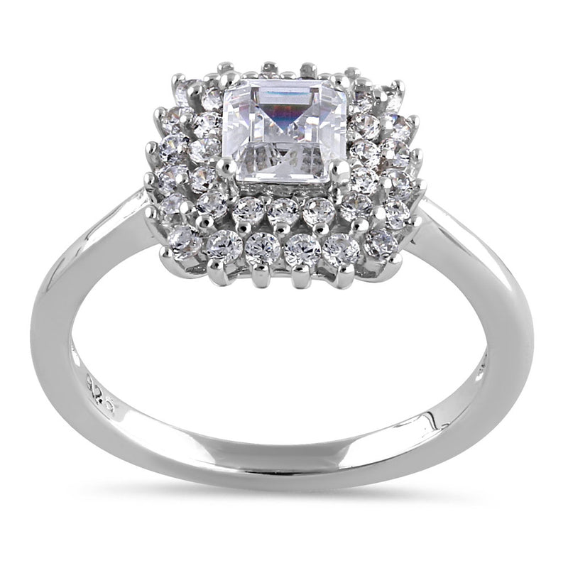 Sterling Silver Halo Cluster Square and Round Cute Clear CZ Engagement Ring