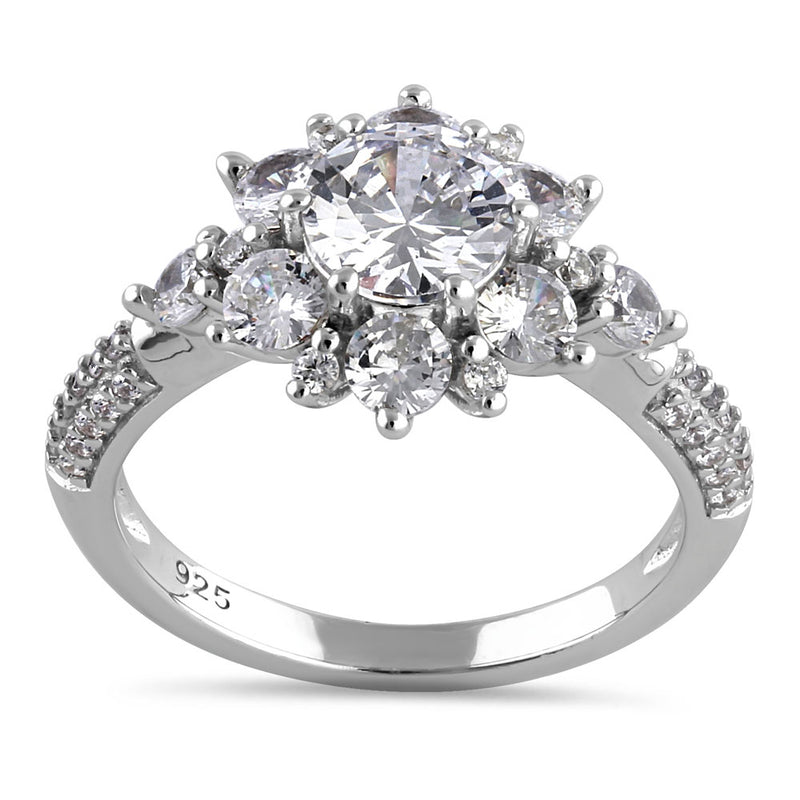 Sterling Silver Exotic Wild Flower Round Cut Clear CZ Engagement Ring