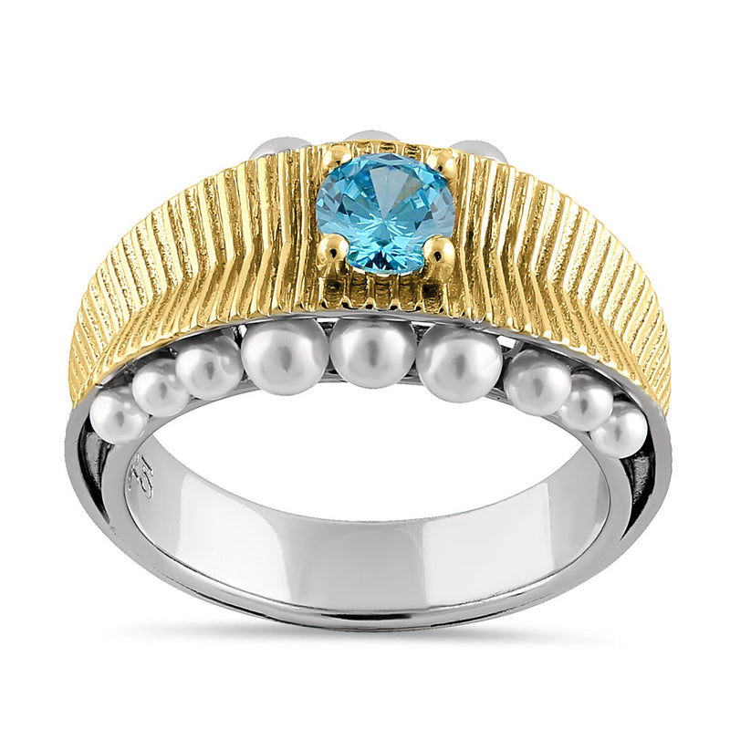 Sterling Silver Two-Tone Blue Topaz CZ and Pearl Ring