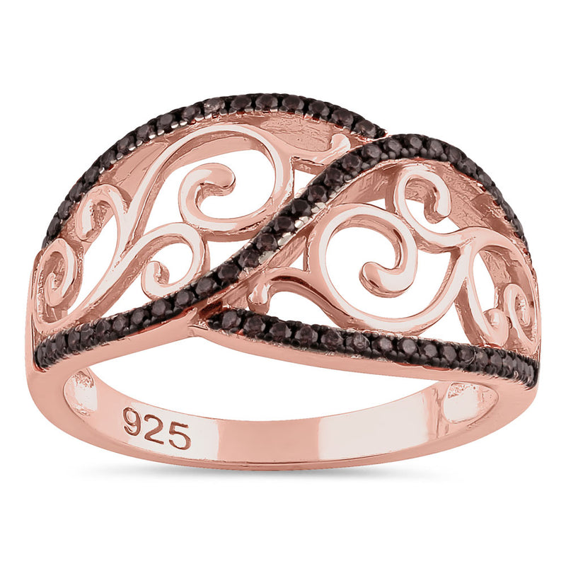 Sterling Silver Vines Rose Gold Plated Brown CZ Ring
