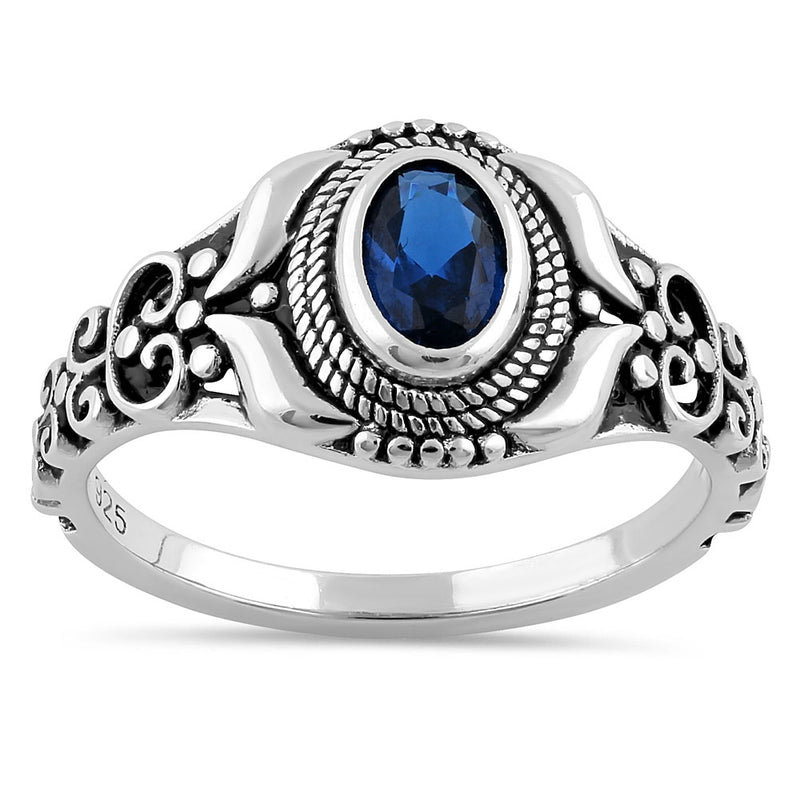 Sterling Silver Austere Oval Cut Blue Sapphire CZ Ring