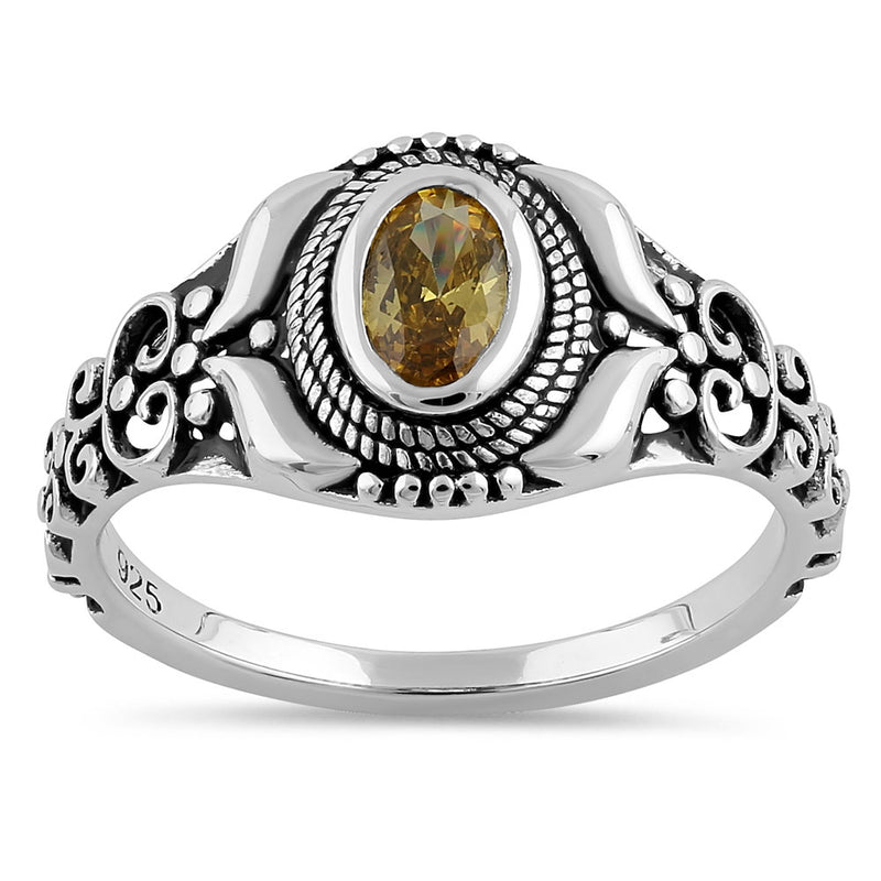 Sterling Silver Austere Oval Cut Yellow CZ Ring