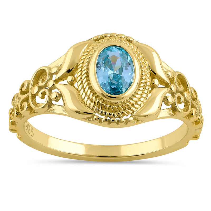 Sterling Silver Gold Plated Austere Oval Cut Aquamarine CZ Ring