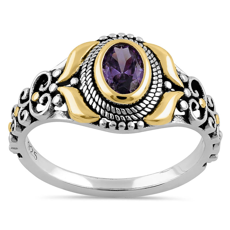 Sterling Silver Gold Plated Detailing Austere Oval Cut Amethyst CZ Ring