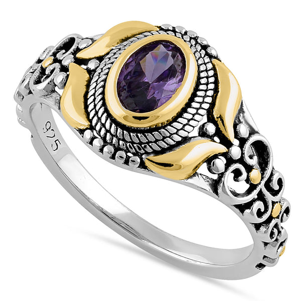 Sterling Silver Gold Plated Detailing Austere Oval Cut Amethyst CZ Ring