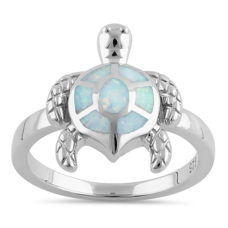 Sterling Silver Turtle White Lab Opal Ring