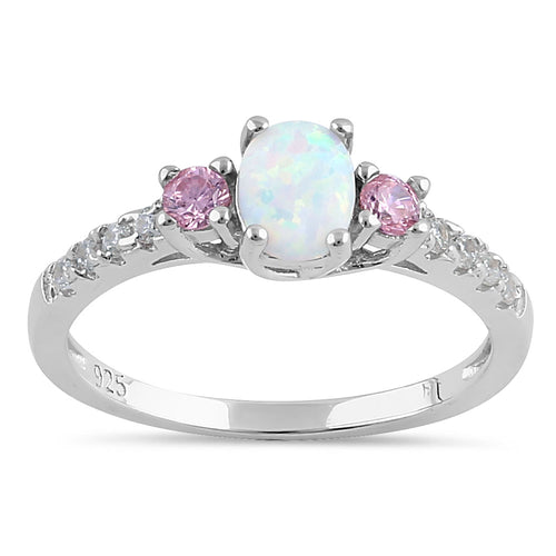 Sterling Silver Oval White Lab-Opal Pink CZ Ring