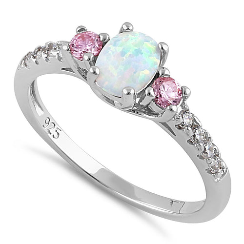 Sterling Silver Oval White Lab-Opal Pink CZ Ring