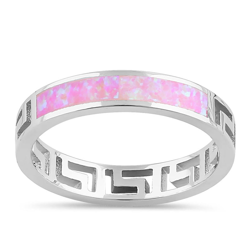 Sterling Silver Greek Pink Lab Opal Band Ring