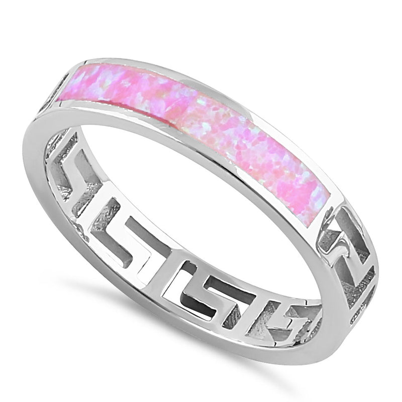 Sterling Silver Greek Pink Lab Opal Band Ring