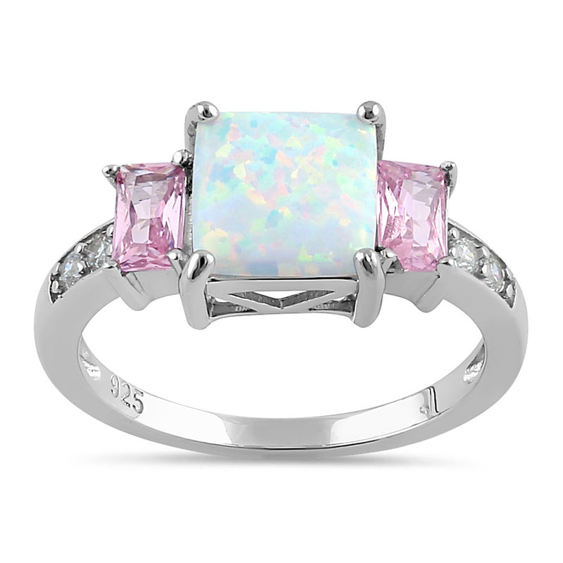 Sterling Silver Square White Lab Opal Pink CZ Ring