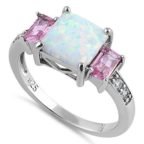 Sterling Silver Square White Lab Opal Pink CZ Ring