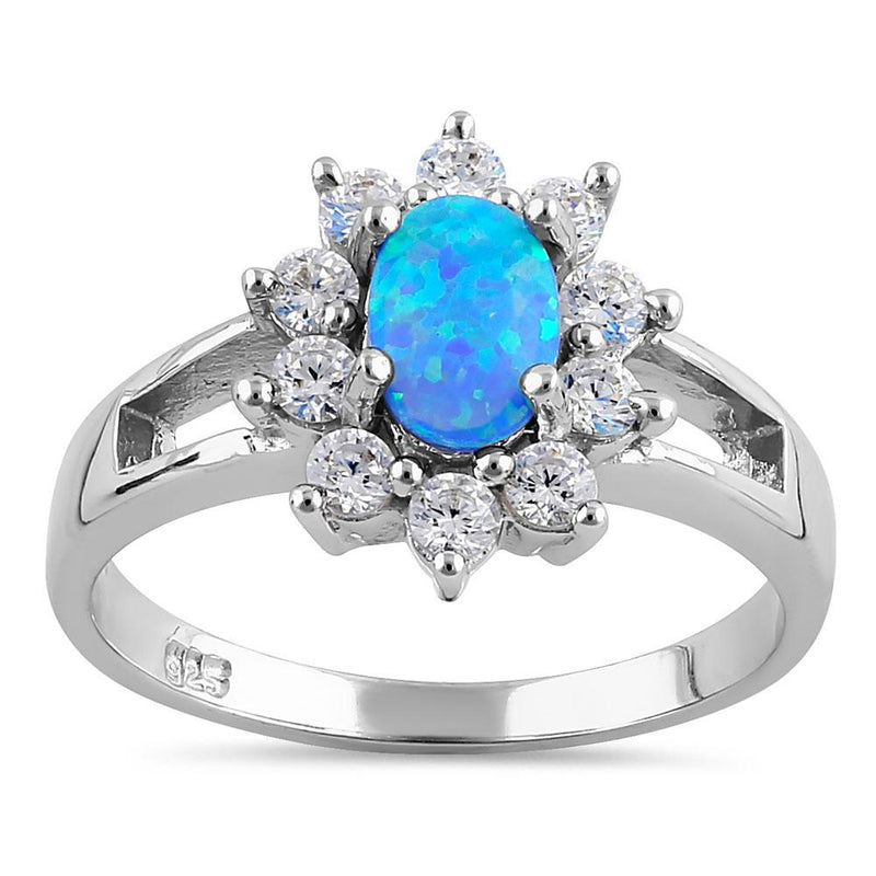 Sterling Silver Blue Opal Oval Halo Ring