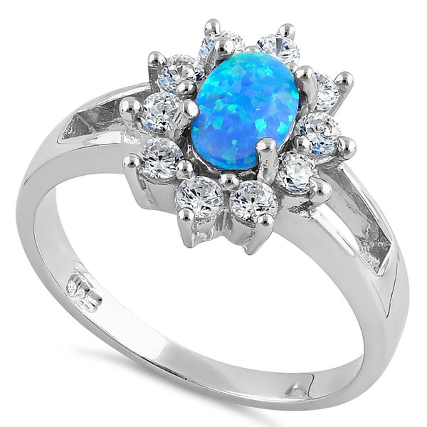 Sterling Silver Blue Opal Oval Halo Ring