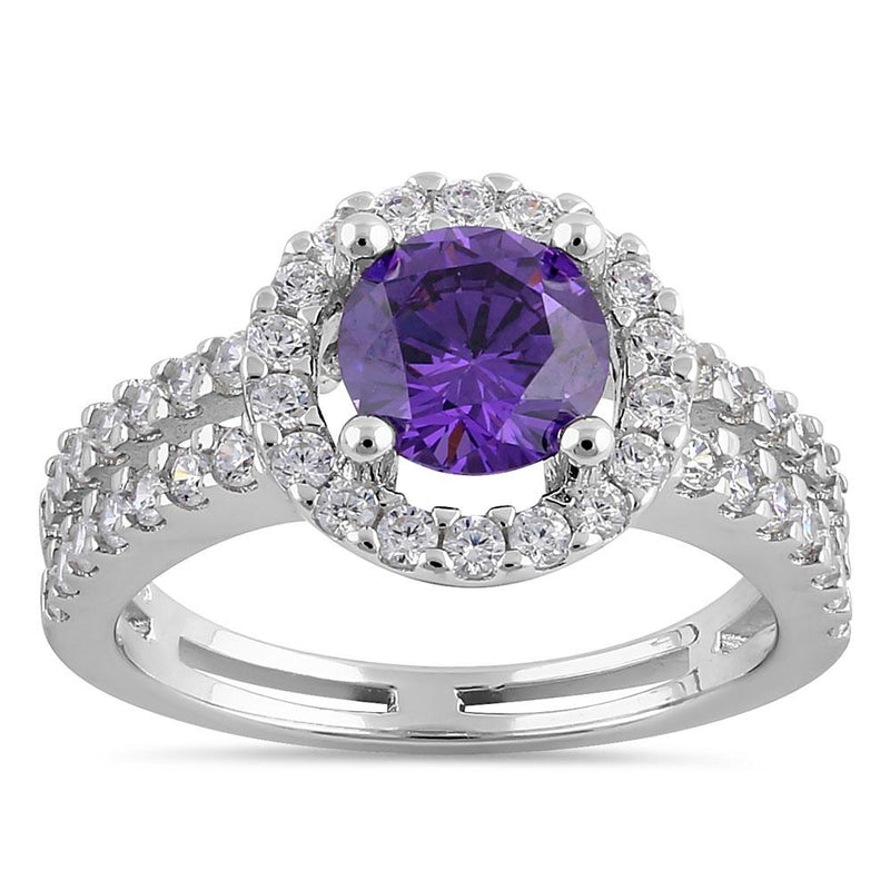 Sterling Silver Round Amethyst Halo CZ Ring