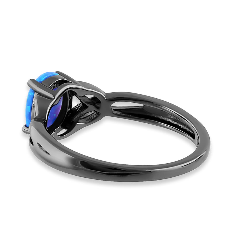 Sterling Silver Black Rhodium Plated Center Stone Charmed Blue Lab Opal Ring